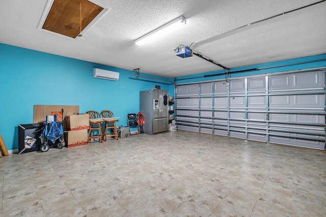 garage featuring stainless steel fridge, an AC wall unit, and a garage door opener