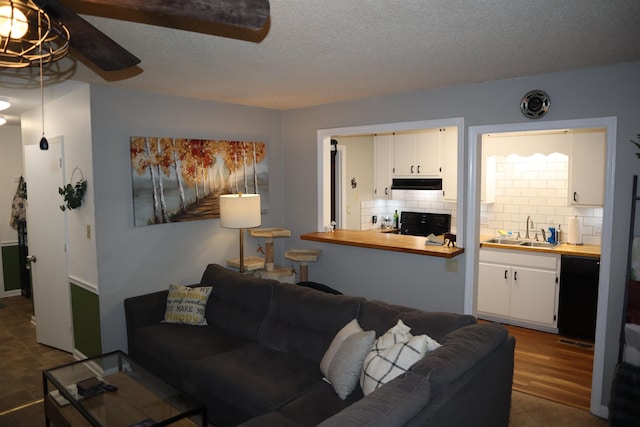 living room with a textured ceiling and sink