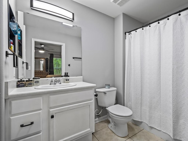 bathroom featuring vanity, tile patterned flooring, toilet, and ceiling fan