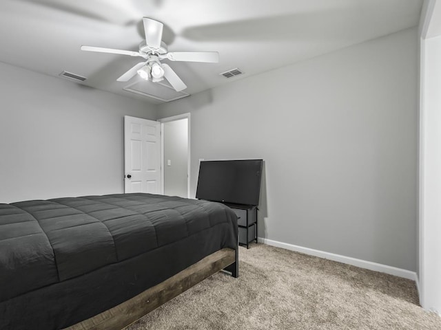 carpeted bedroom with ceiling fan