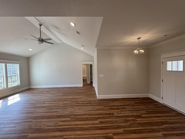 unfurnished living room featuring vaulted ceiling with beams, dark wood finished floors, baseboards, and ceiling fan with notable chandelier