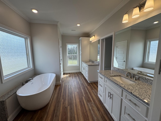 bathroom featuring a soaking tub, ornamental molding, a sink, and wood finished floors