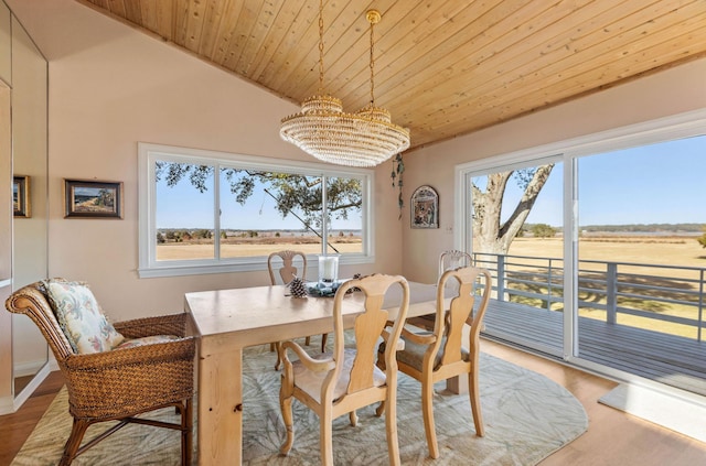 dining room with vaulted ceiling, a rural view, wood ceiling, and light hardwood / wood-style floors