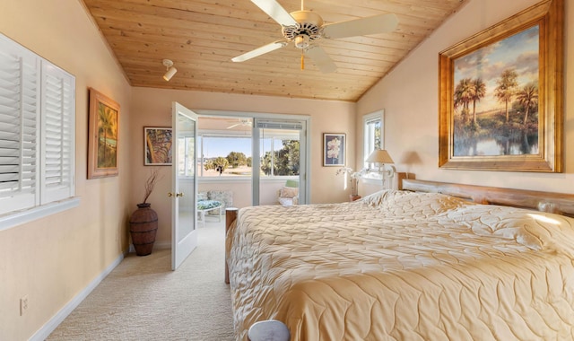 carpeted bedroom with wood ceiling, ceiling fan, vaulted ceiling, and access to outside