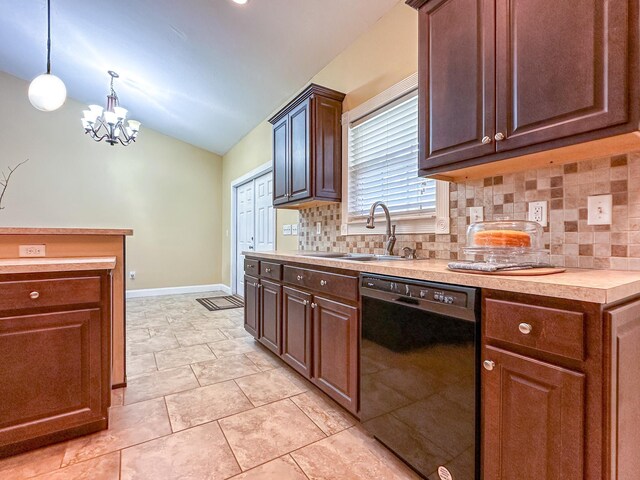 14135 98th St, Live Oak, FL 32060 - kitchen with dishwasher, a sink, vaulted ceiling, backsplash, and light countertops