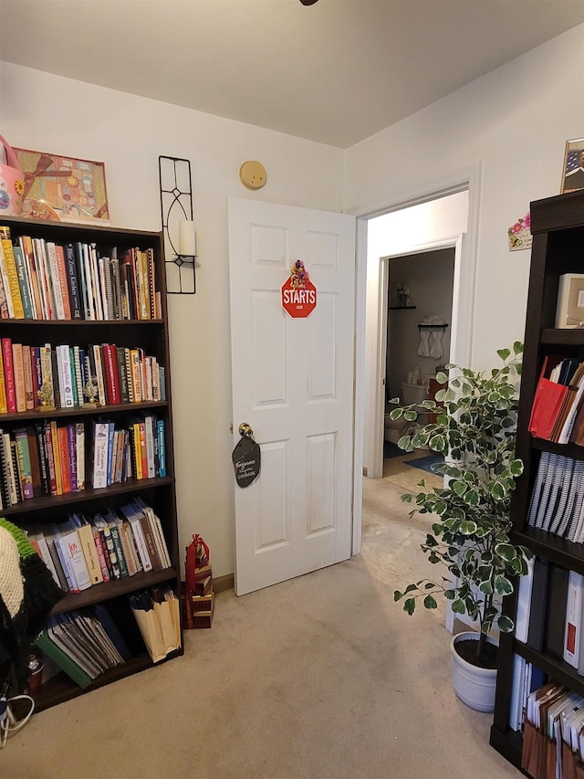 living area featuring light colored carpet