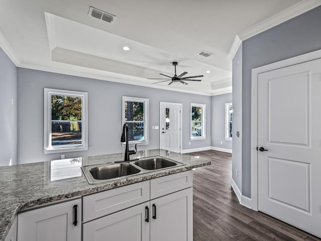 kitchen with sink, ornamental molding, white cabinets, and stone counters