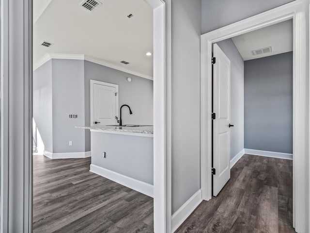 hall with crown molding, dark hardwood / wood-style floors, and sink