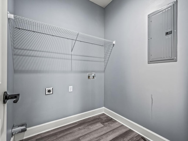 laundry room featuring washer hookup, hookup for an electric dryer, electric panel, and hardwood / wood-style floors