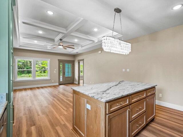 1673 Landing St, Carrabelle, FL 32322 - kitchen featuring baseboards, light wood finished floors, recessed lighting, beamed ceiling, and coffered ceiling