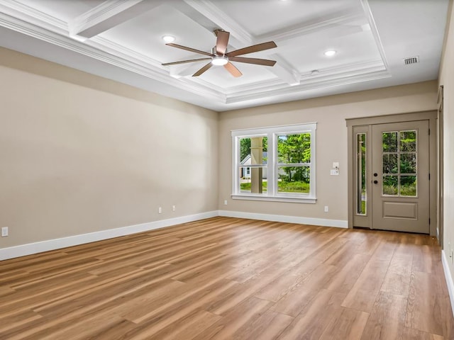 1673 Landing St, Carrabelle, FL 32322 - unfurnished room featuring coffered ceiling, ceiling fan, light wood-style flooring, baseboards, and beamed ceiling