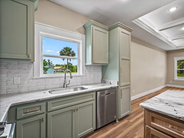 1673 Landing St, Carrabelle, FL 32322 - kitchen featuring stainless steel dishwasher, green cabinets, a sink, decorative backsplash, and recessed lighting