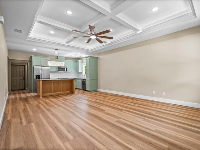 1673 Landing St, Carrabelle, FL 32322 - kitchen featuring stainless steel appliances, coffered ceiling, ceiling fan, baseboards, and tasteful backsplash