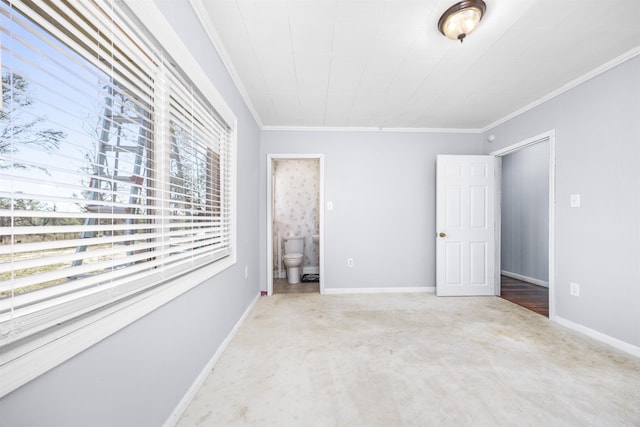 spare room featuring ornamental molding and carpet flooring