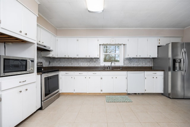 kitchen featuring tasteful backsplash, sink, white cabinets, and appliances with stainless steel finishes