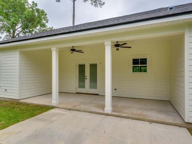 view of patio / terrace featuring ceiling fan and french doors