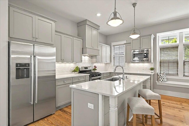 1261 Myrtle View Dr, Tallahassee, FL 32312 - kitchen with tasteful backsplash, a sink, gray cabinetry, a breakfast bar, and stainless steel appliances