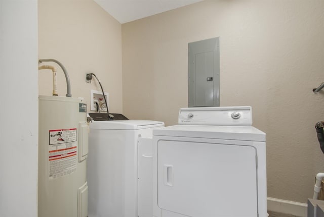 laundry room featuring electric water heater, electric panel, and independent washer and dryer