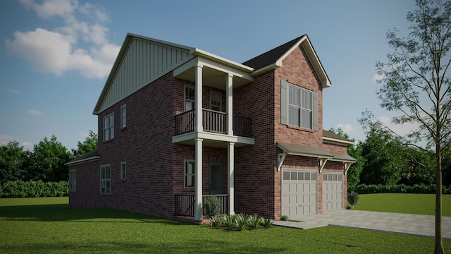 view of property exterior with a garage, a balcony, and a yard