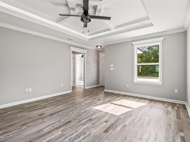 unfurnished bedroom with ceiling fan, beam ceiling, wood-type flooring, coffered ceiling, and ornamental molding