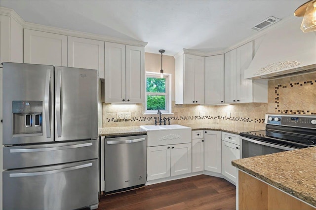 6847 Donerail Trl, Tallahassee, FL 32309 - kitchen with appliances with stainless steel finishes, dark wood finished floors, custom exhaust hood, and backsplash
