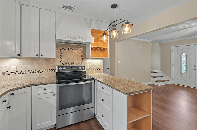 6847 Donerail Trl, Tallahassee, FL 32309 - kitchen with stainless steel electric range oven, custom exhaust hood, open shelves, a peninsula, and ornamental molding