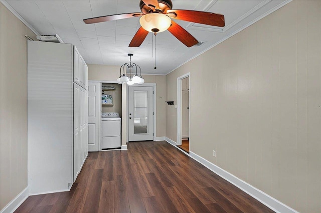 6847 Donerail Trl, Tallahassee, FL 32309 - unfurnished dining area featuring washer / clothes dryer, dark wood-type flooring, ornamental molding, ceiling fan, and baseboards