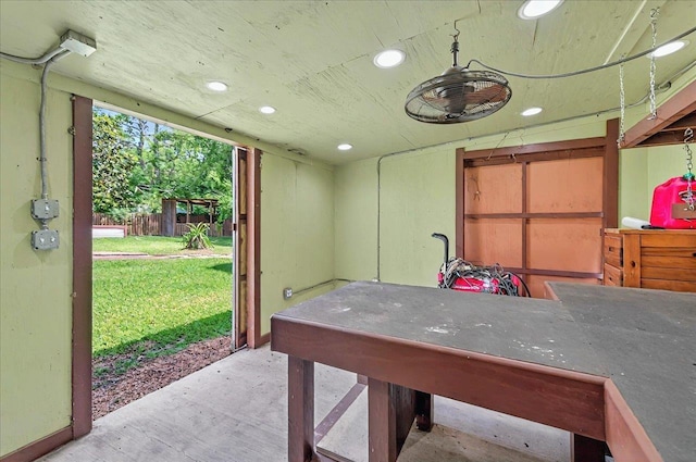 6847 Donerail Trl, Tallahassee, FL 32309 - recreation room featuring concrete flooring, recessed lighting, and baseboards