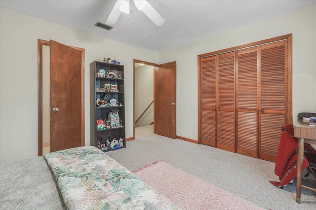 1334 Jackson St, Tallahassee, FL 32303 - bedroom with visible vents, carpet, ceiling fan, and a closet