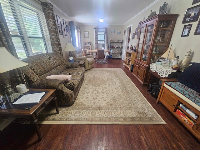 living room featuring ornamental molding and dark hardwood / wood-style floors