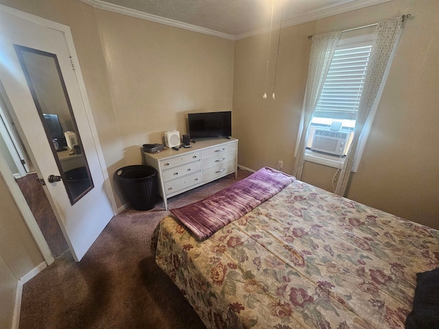 bedroom with dark colored carpet, cooling unit, and crown molding