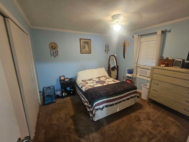 bedroom with ornamental molding, dark colored carpet, cooling unit, and ceiling fan