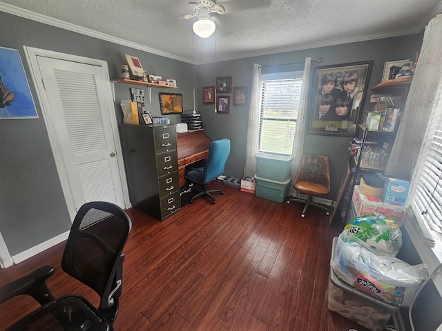 home office with ornamental molding, ceiling fan, a textured ceiling, and dark hardwood / wood-style floors