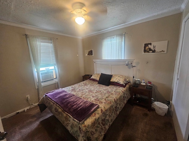 bedroom with ceiling fan, dark colored carpet, and crown molding