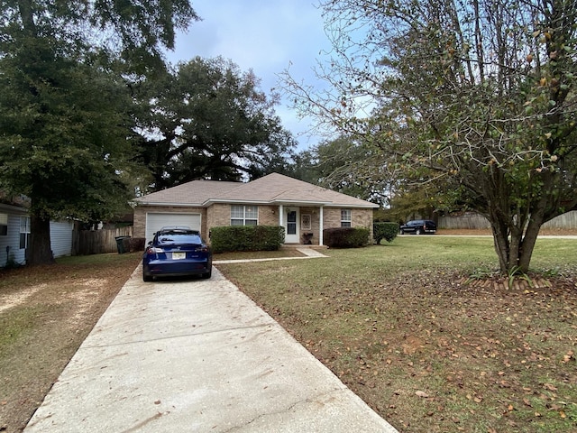 single story home featuring brick siding, an attached garage, fence, driveway, and a front lawn