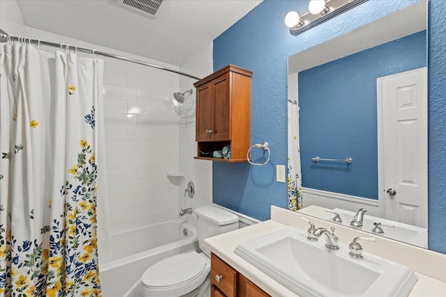 full bathroom featuring vanity, shower / bathtub combination with curtain, visible vents, toilet, and a textured wall