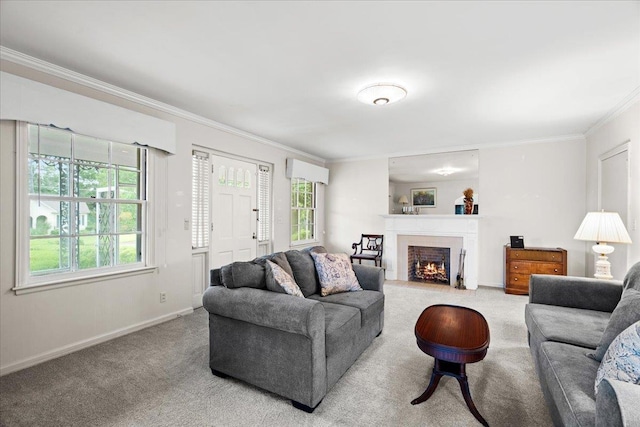 921 Forest Dr, Quincy, FL 32351 - carpeted living area with ornamental molding and a fireplace with flush hearth