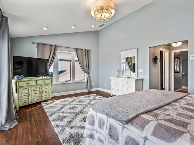 bedroom featuring vaulted ceiling, a chandelier, dark wood-style flooring, and baseboards