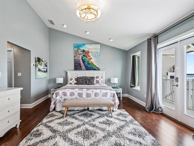 bedroom featuring vaulted ceiling, access to outside, baseboards, dark wood finished floors, and a chandelier