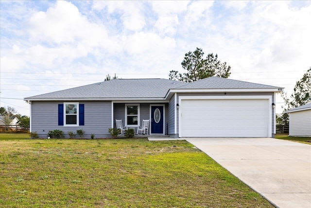 ranch-style house featuring roof with shingles, covered porch, concrete driveway, a front yard, and a garage