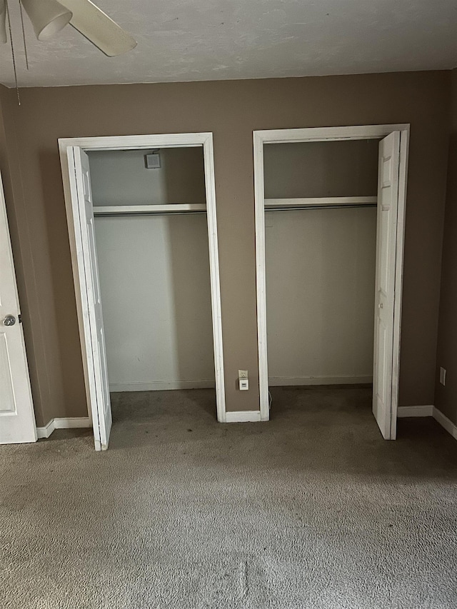 unfurnished bedroom featuring two closets and carpet flooring