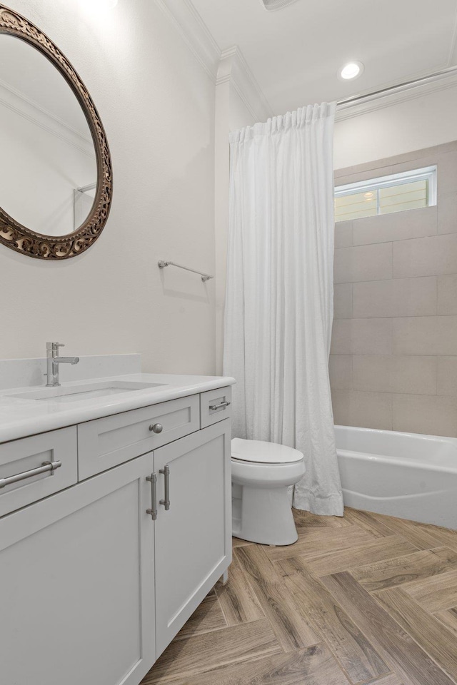 4318 Terebinth Trl, Tallahassee, FL 32317 - bathroom featuring toilet, vanity, crown molding, shower / bathtub combination with curtain, and recessed lighting