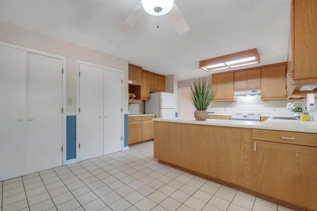 2003 Chuli Nene, Tallahassee, FL 32301 - kitchen featuring white appliances, under cabinet range hood, a peninsula, light countertops, and wallpapered walls