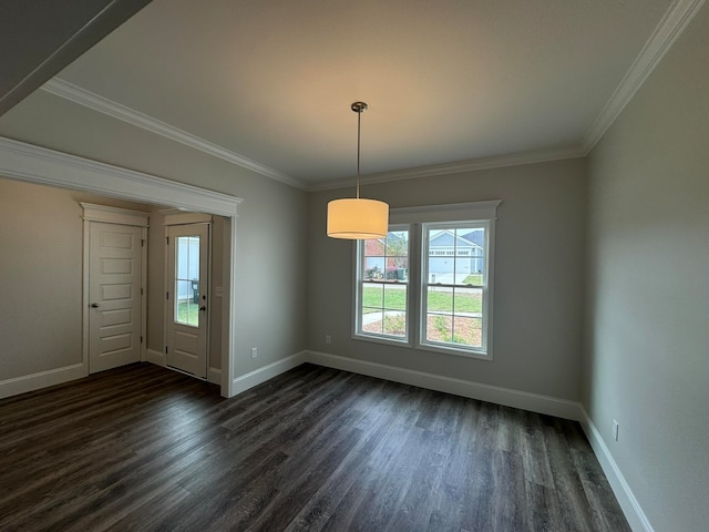 interior space with dark hardwood / wood-style floors and crown molding