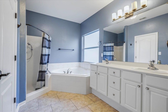 bathroom with a sink, a shower with shower curtain, a bath, and visible vents