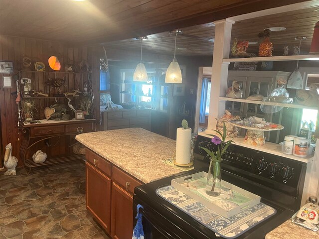 kitchen with black electric range, pendant lighting, and wooden ceiling