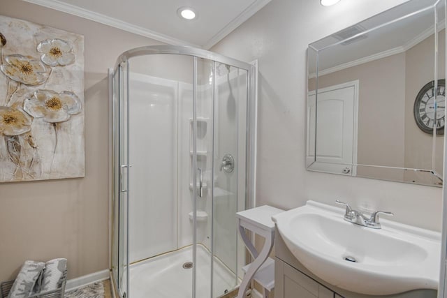 2310 Don Andres Ave, Tallahassee, FL 32304 - bathroom with a shower stall, ornamental molding, vanity, recessed lighting, and baseboards