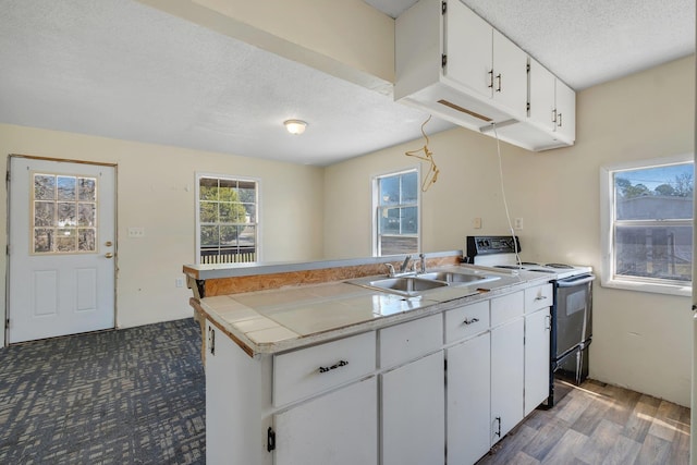 kitchen with sink, electric range oven, white cabinets, and plenty of natural light