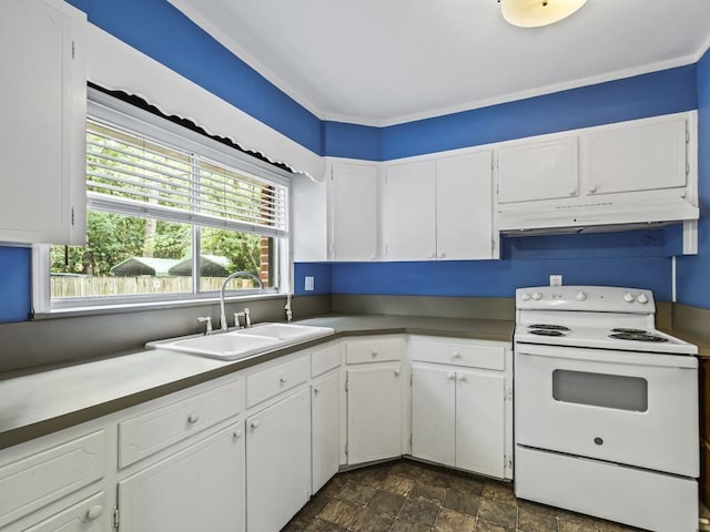 kitchen featuring sink, white cabinets, and electric stove