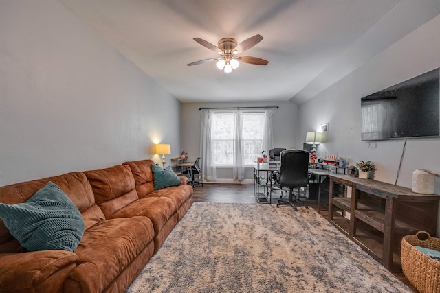 living area featuring ceiling fan and wood finished floors